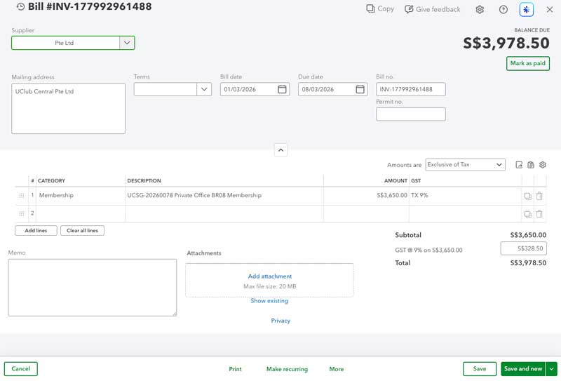 QuickBooks purchase bill attachment