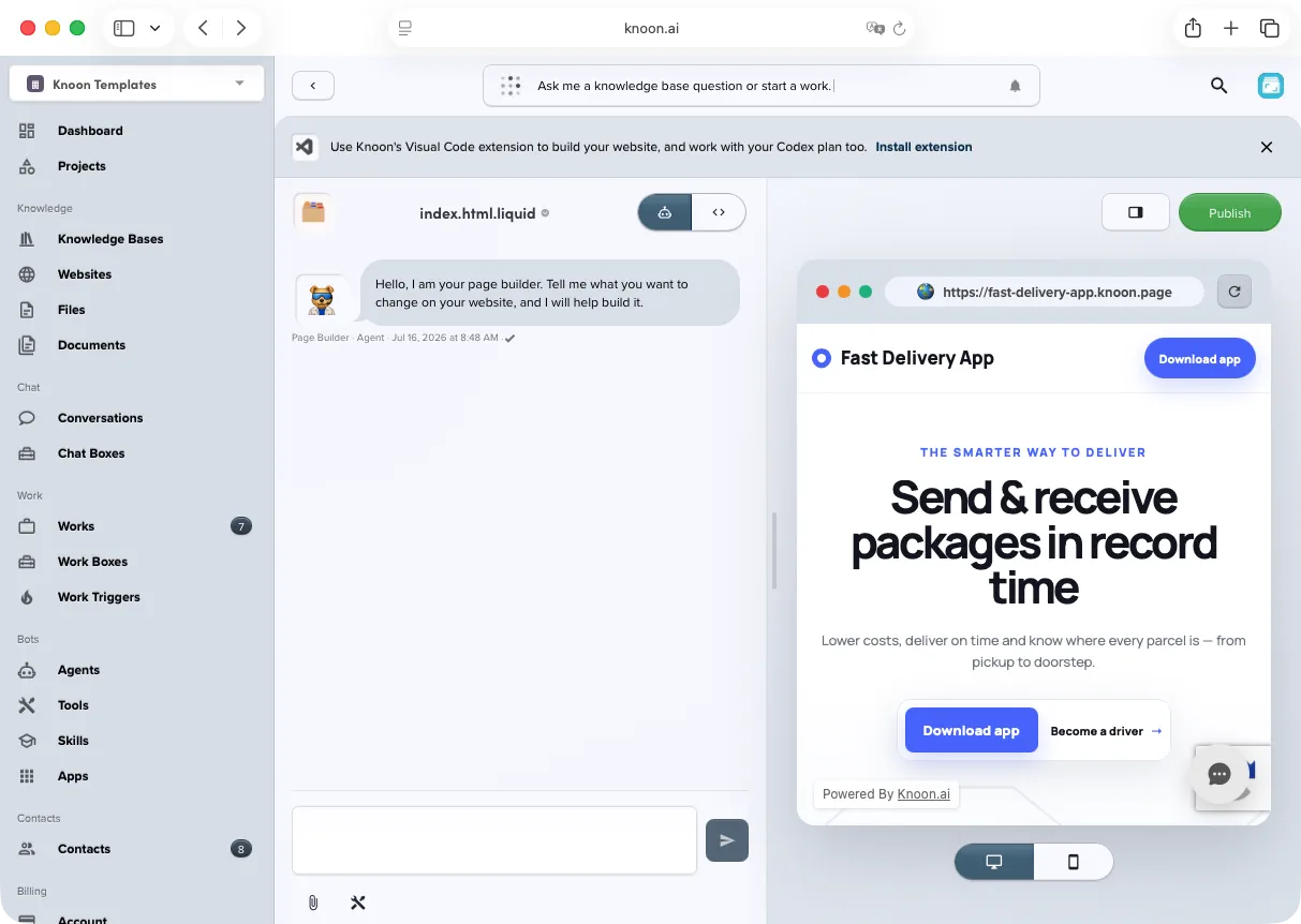 Website preview inside the Knoon editor