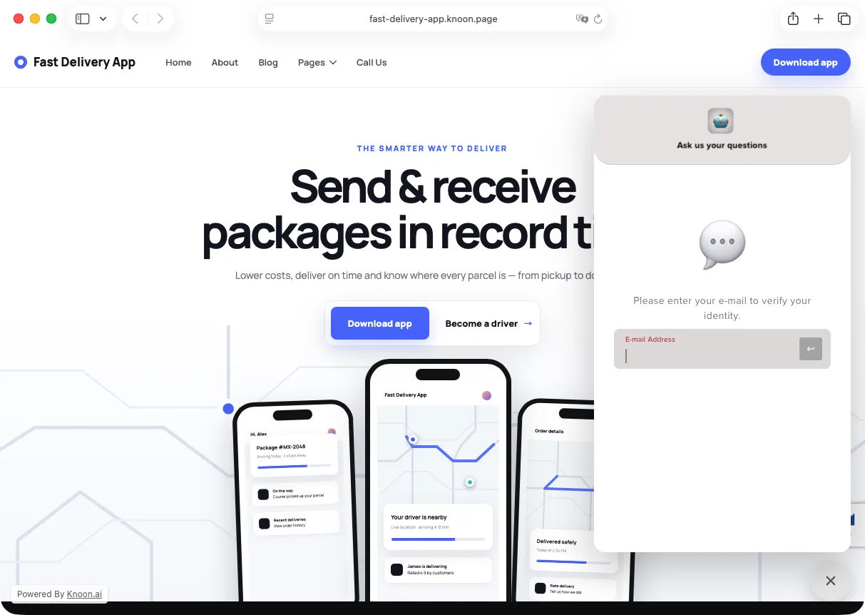 Customer support chatbot open on the published website