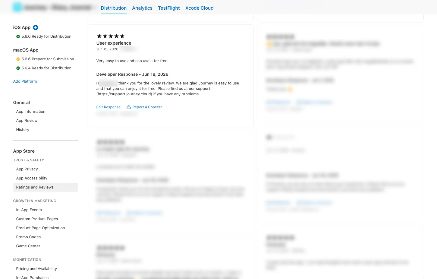 A developer response published in App Store Connect