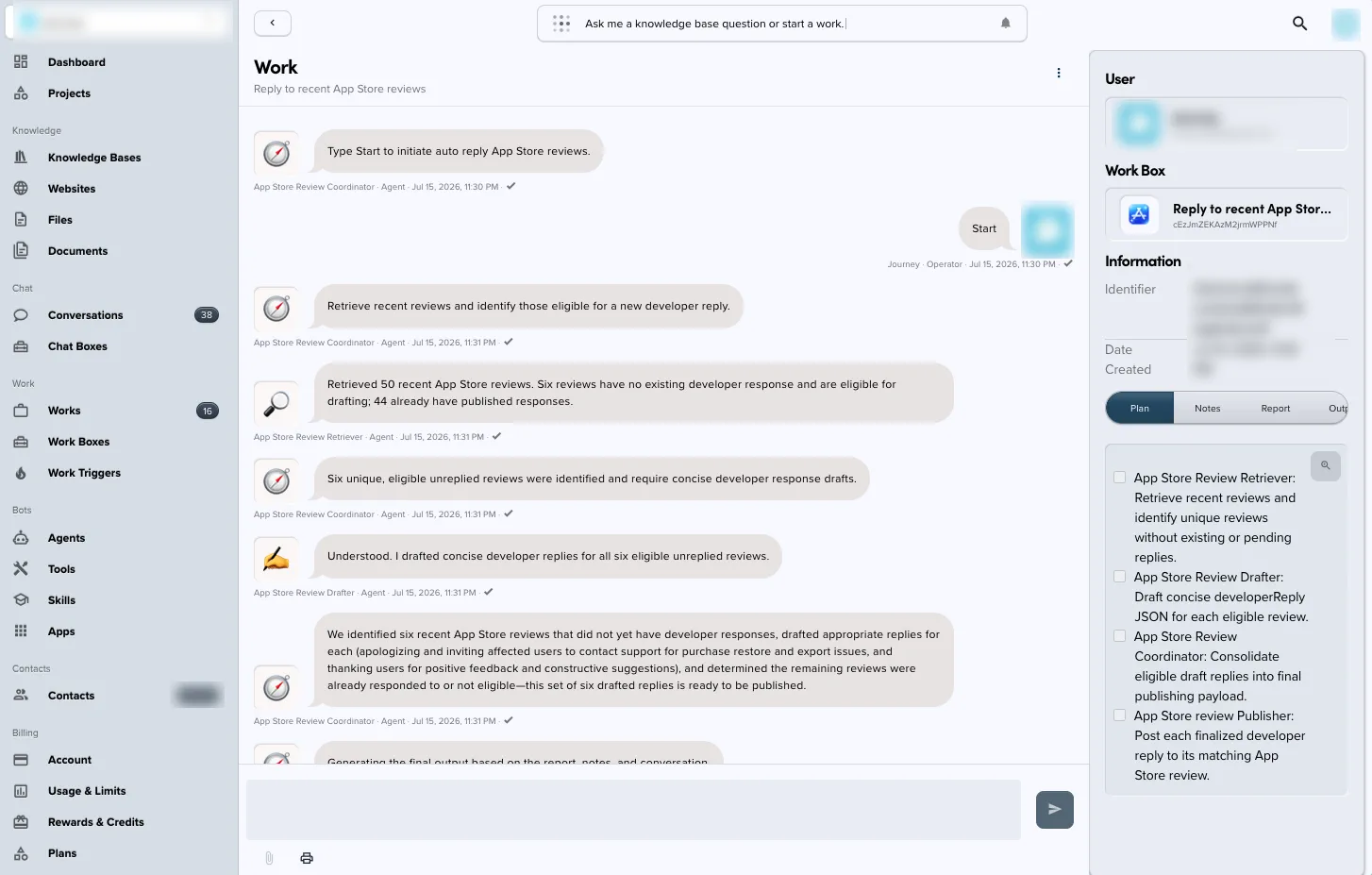 App Store review reply workflow running in Knoon