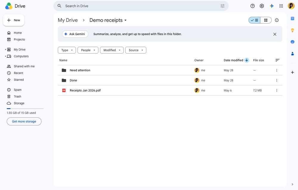 Google Drive receipts folder