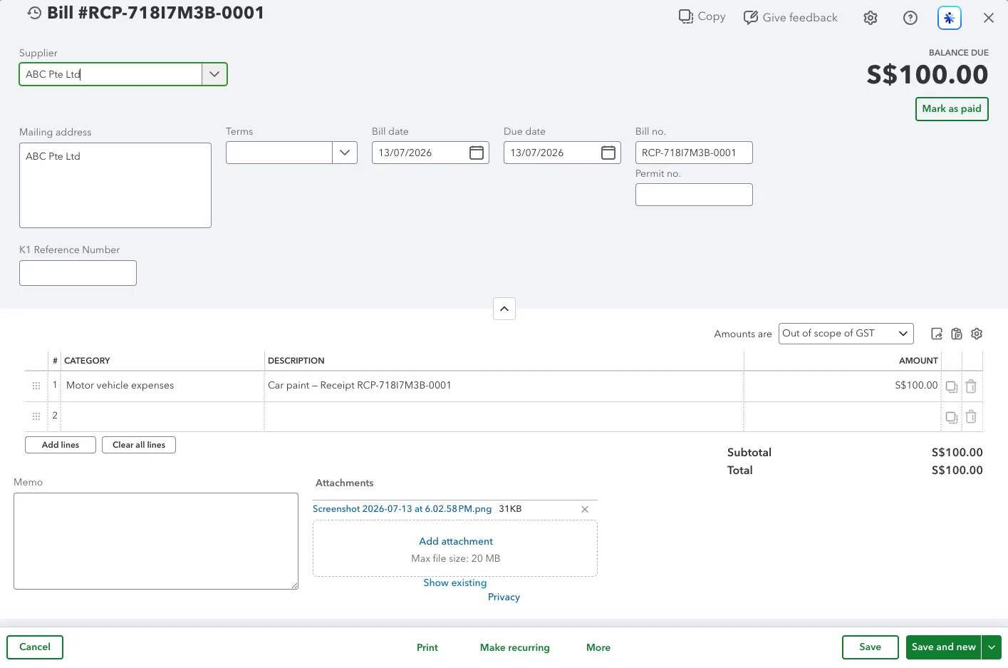 Bill created in QuickBooks with its source file attached
