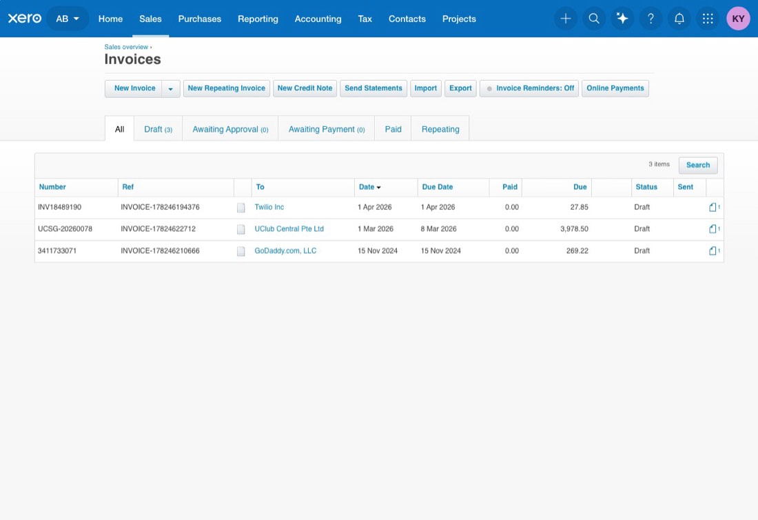 Xero draft invoices