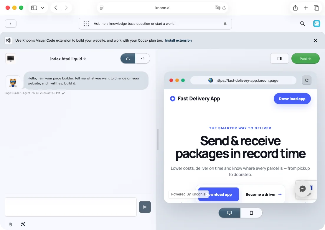 Knoon AI Agent Site Builder editing and previewing an app website