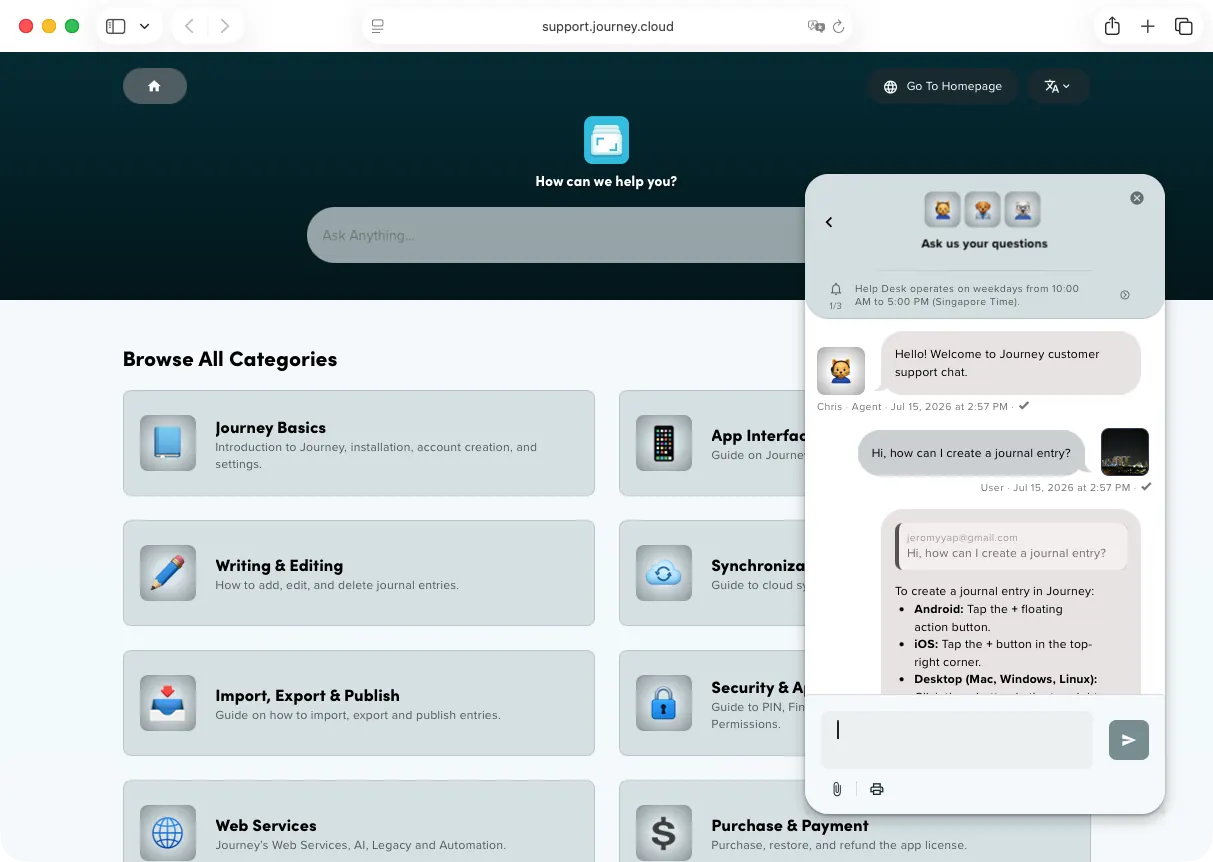 Journey knowledge base with an AI support conversation