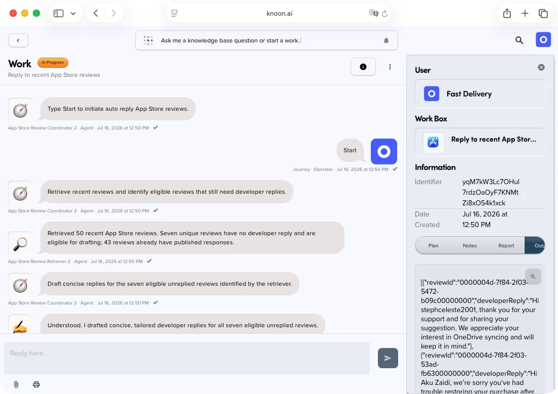 Knoon inbox showing AI agents drafting App Store developer replies for team review