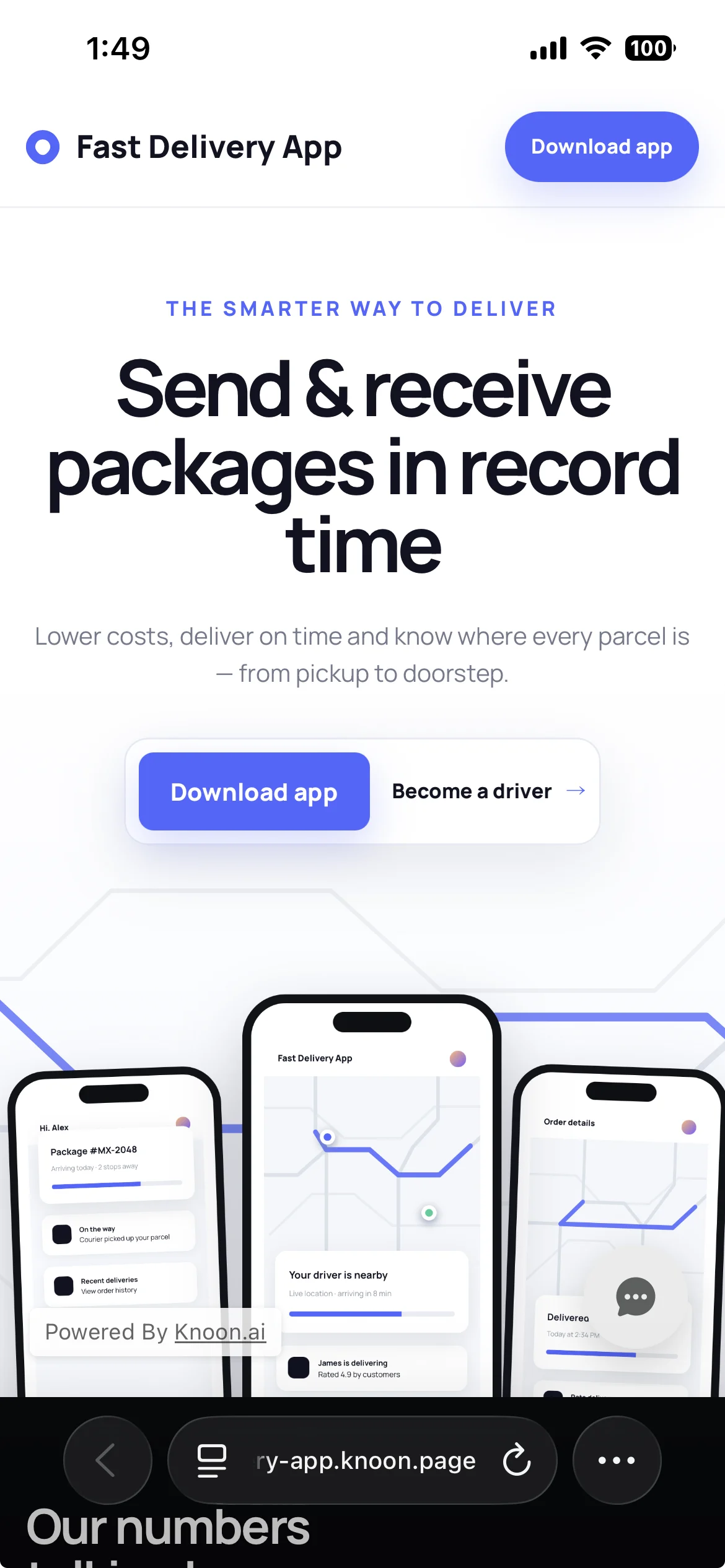 Published delivery app website displayed on a phone