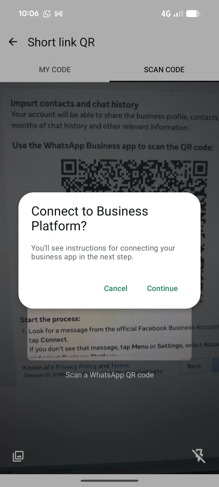 WhatsApp Business prompt to connect to the Business Platform