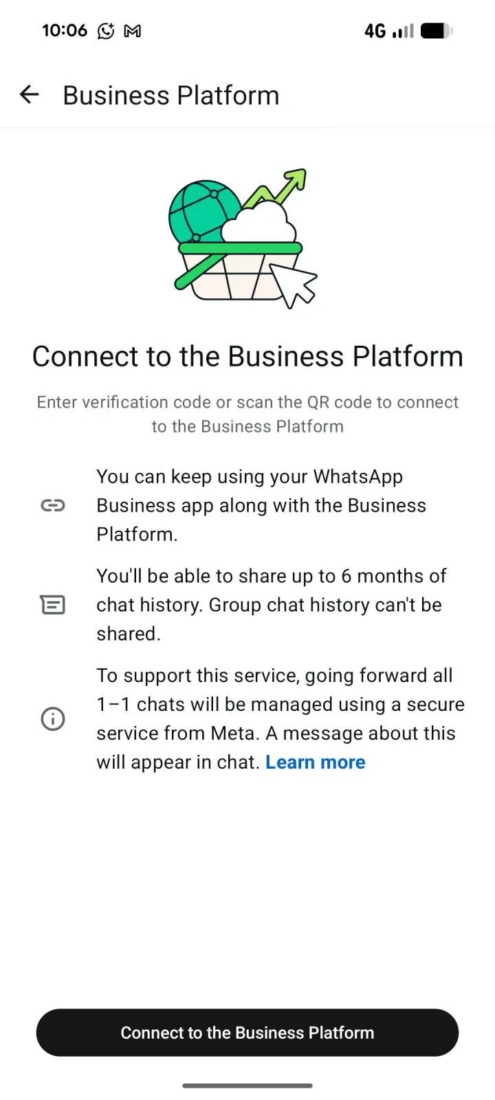 WhatsApp Business screen explaining the Business Platform connection