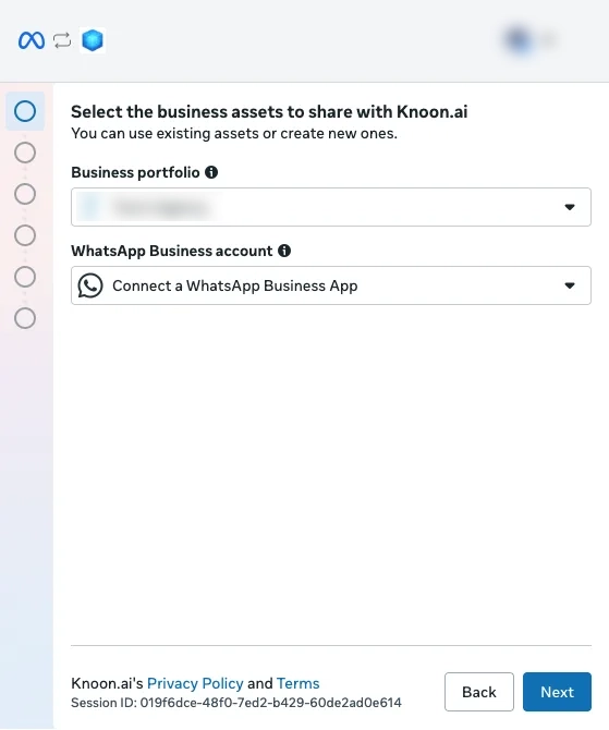 WhatsApp Business account menu with Connect a WhatsApp Business App selected