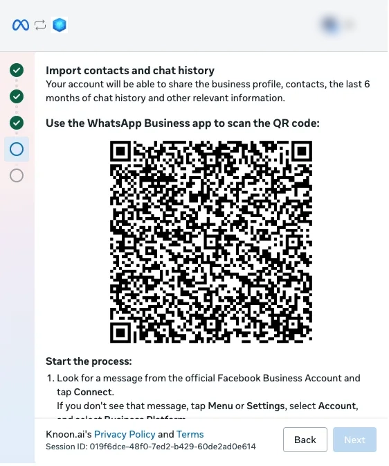 Meta onboarding QR code for importing WhatsApp contacts and chat history