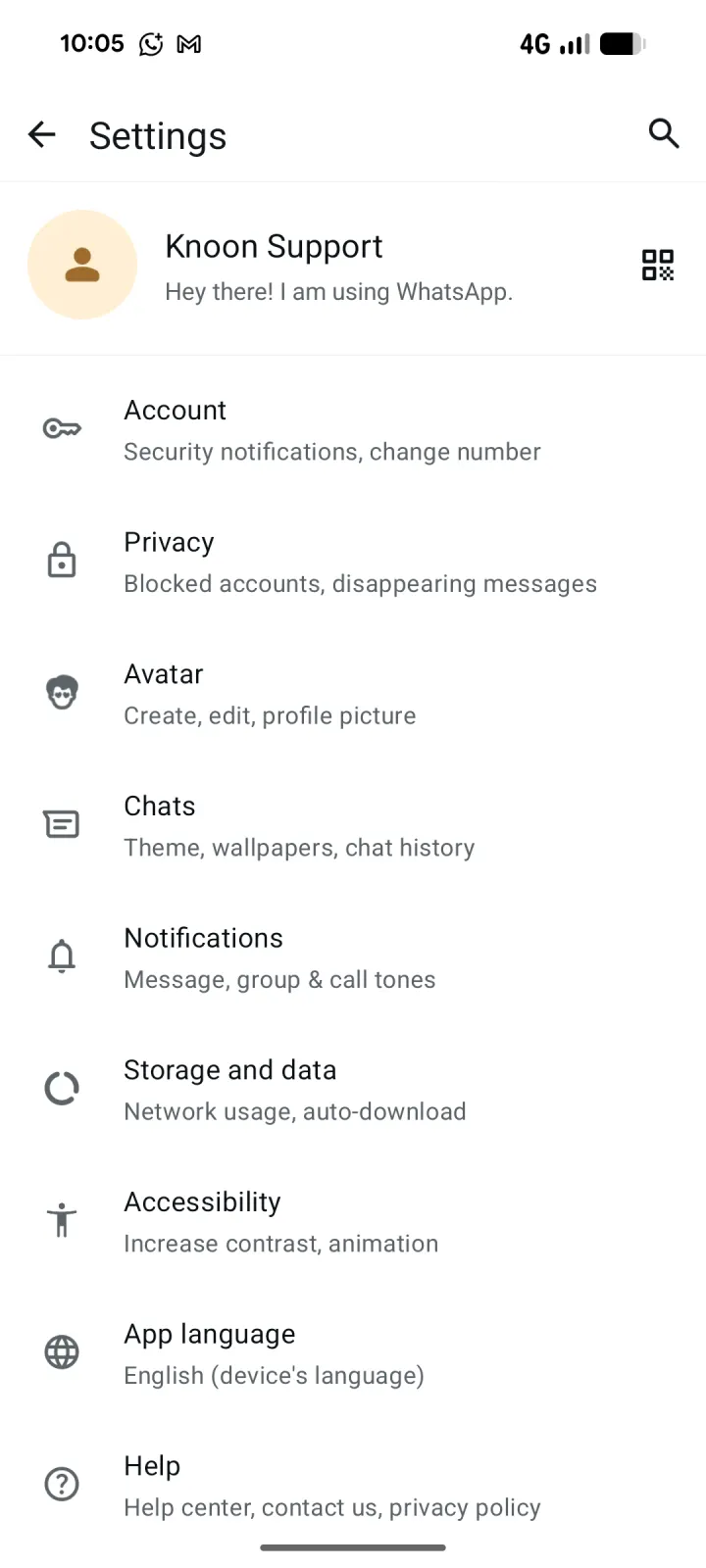WhatsApp Business settings with the profile QR code icon