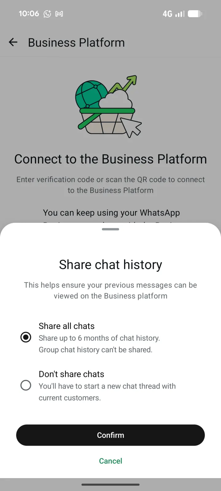 WhatsApp Business options for sharing chat history