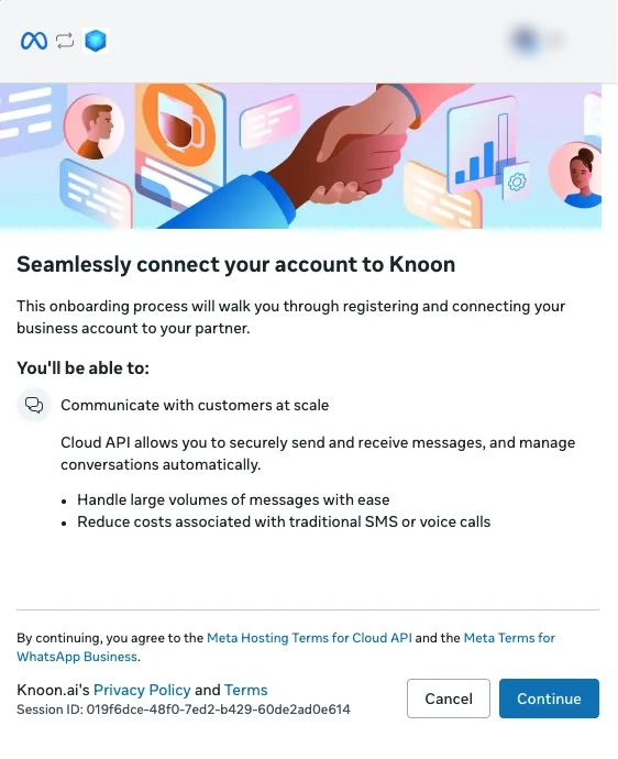 Meta onboarding screen for connecting a business account to Knoon